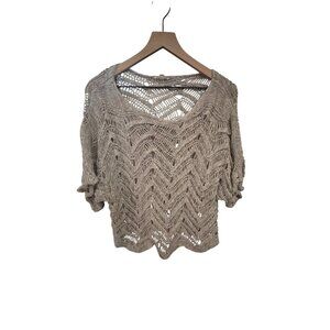 Eileen Fisher Womens Open Knit Chevron Sweater Medium Gray Beige Casual Lightwei